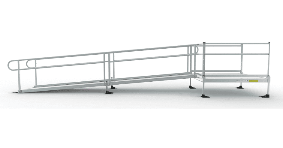 PATHWAY 3G 30 ft. L-Shaped Aluminum Wheelchair Ramp Kit with Solid Surface Tread, 2-Line Handrails and 5 ft. Turn Platform by EZ-Access | RampHand