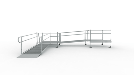 PATHWAY 3G 10 ft. L-Shaped Aluminum Wheelchair Ramp Kit with Expanded Metal Tread, 2-Line Handrails, 4 ft. Turn Platform, and 4 ft. Top Platform by EZ-Access | RampHand