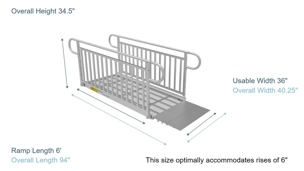 Ramp Dimensions - PATHWAY 3G 6 ft. Straight Aluminum Wheelchair Ramp Kit with Expanded Metal Tread, Vertical Picket Handrails and 4 ft. Top Platform by EZ-Access | RampHand