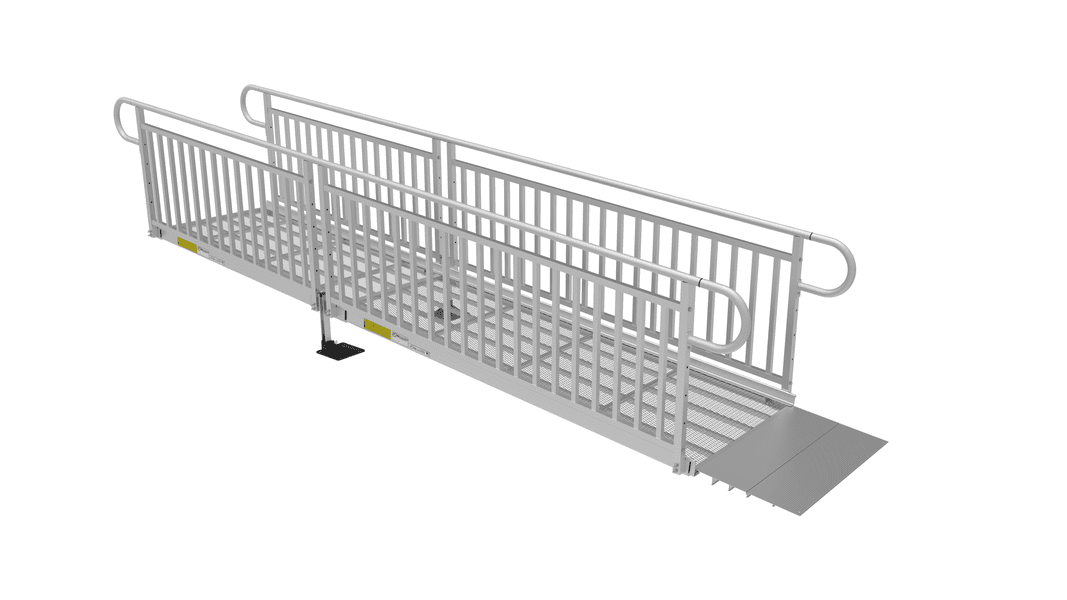 Ramp - PATHWAY 3G 14 ft. L-Shaped Aluminum Wheelchair Ramp Kit with Solid Surface Tread, Vertical Picket Handrails and 4 ft. Turn Platform by EZ-Access | RampHand