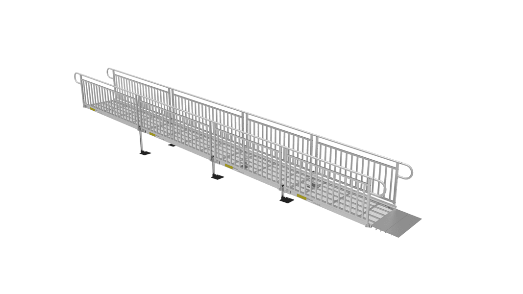 Ramp - PATHWAY 3G 28 ft. L-Shaped Aluminum Wheelchair Ramp Kit with Expanded Metal Tread, Vertical Picket Handrails, 5 ft. Turn Platform, and 5 ft. Top Platform by EZ-Access | RampHand