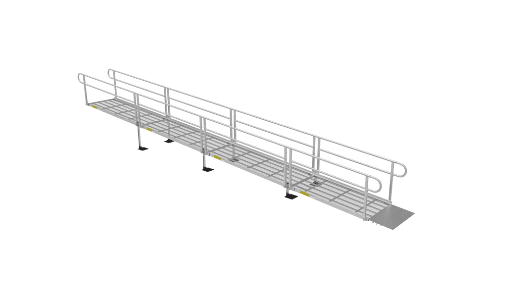 Ramp - PATHWAY 3G 30 ft. L-Shaped Aluminum Wheelchair Ramp Kit with Expanded Metal Tread, 2-Line Handrails and 5 ft. Turn Platform by EZ-Access | RampHand