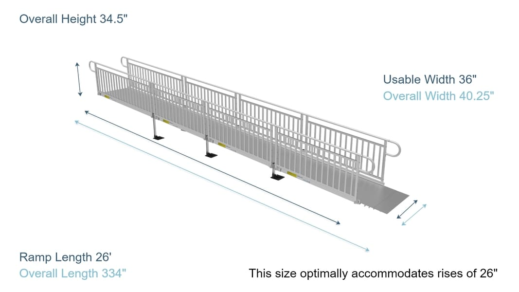 Ramp Dimensions - PATHWAY 3G 26 ft. L-Shaped Aluminum Wheelchair Ramp Kit with Solid Surface Tread, Vertical Picket Handrails, 4 ft. Turn Platform, and 4 ft. Top Platform by EZ-Access | RampHand