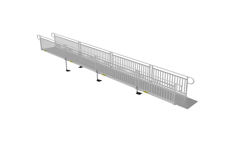 Ramp - PATHWAY 3G 30 ft. L-Shaped Aluminum Wheelchair Ramp Kit with Expanded Metal Tread, Vertical Picket Handrails, 5 ft. Turn Platform, and 5 ft. Top Platform by EZ-Access | RampHand