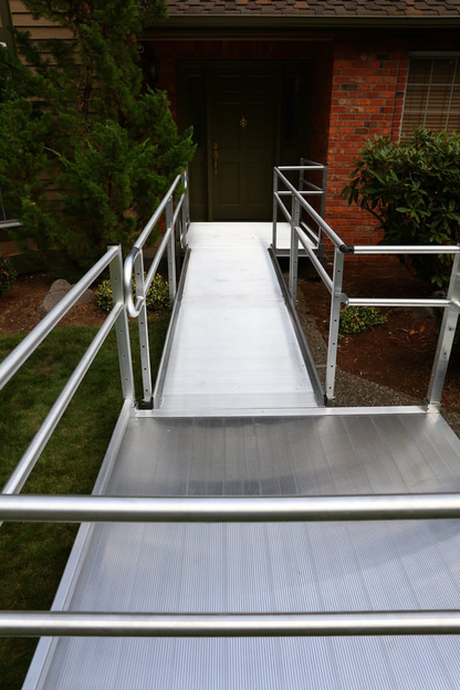 Sample Application 1 - PATHWAY 3G 30 ft. L-Shaped Aluminum Wheelchair Ramp Kit with Solid Surface Tread, 2-Line Handrails and 5 ft. Turn Platform by EZ-Access | RampHand