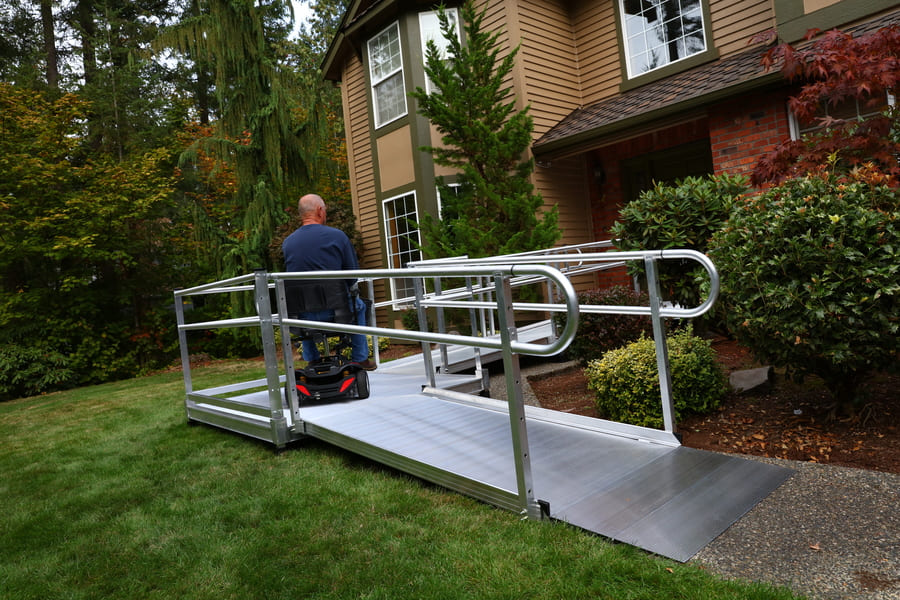 Sample Application 2 - PATHWAY 3G 30 ft. L-Shaped Aluminum Wheelchair Ramp Kit with Solid Surface Tread, 2-Line Handrails and 4 ft. Turn Platform by EZ-Access | RampHand