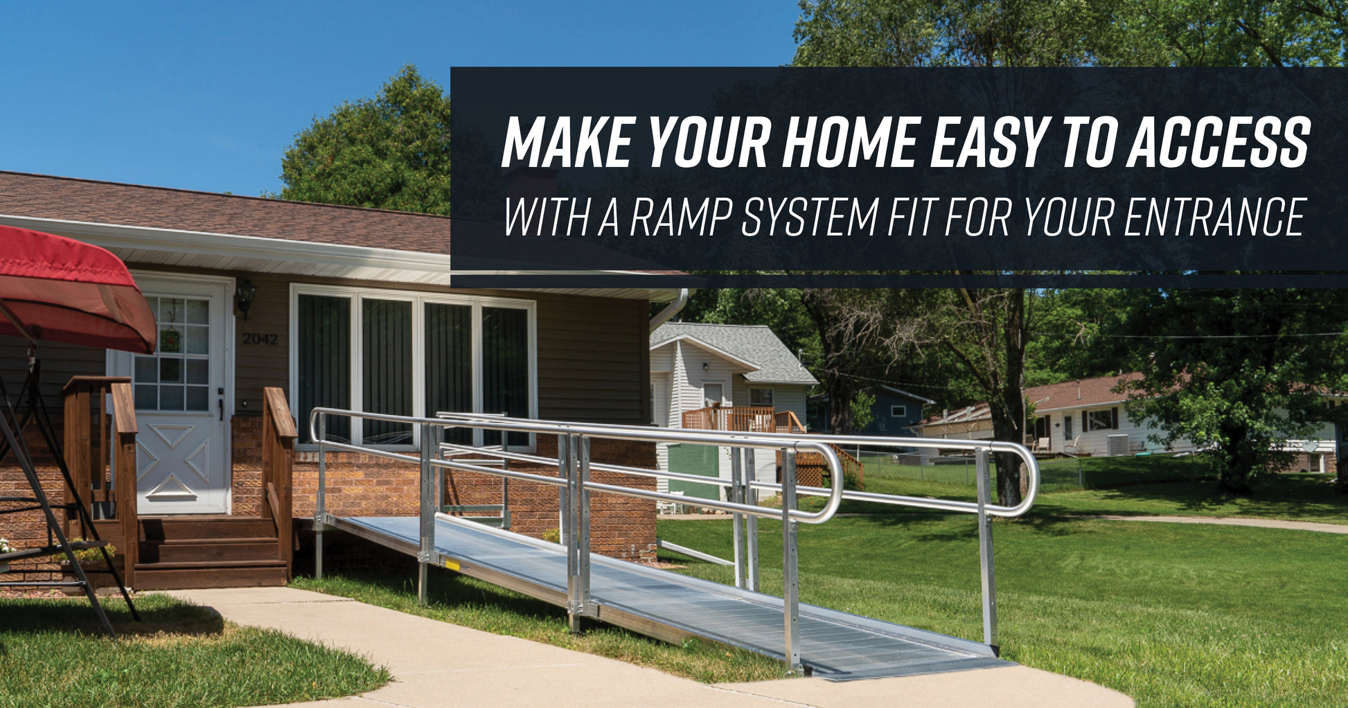 Sample Application  - PATHWAY 3G 8 ft. Straight Aluminum Wheelchair Ramp Kit with Expanded Metal Tread, 2-Line Handrails and 5 ft. Top Platform by EZ-Access | RampHand