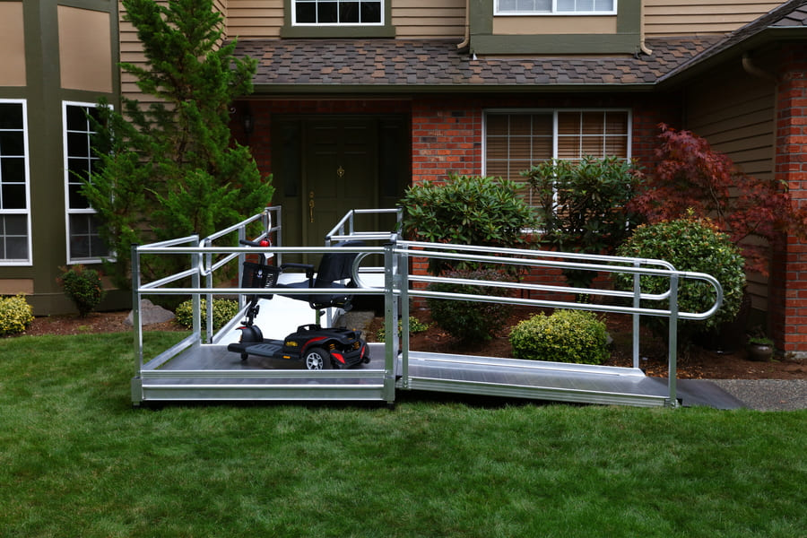 Sample Application 3 - PATHWAY 3G 30 ft. L-Shaped Aluminum Wheelchair Ramp Kit with Solid Surface Tread, 2-Line Handrails and 5 ft. Turn Platform by EZ-Access | RampHand