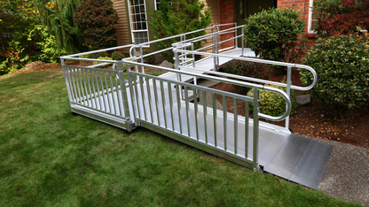 Sample Application 1 - PATHWAY 3G 30 ft. L-Shaped Aluminum Wheelchair Ramp Kit with Expanded Metal Tread, Vertical Picket Handrails, 5 ft. Turn Platform, and 5 ft. Top Platform by EZ-Access | RampHand