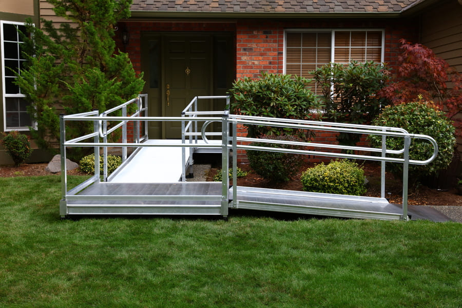 Sample Application 3 - PATHWAY 3G 24 ft. L-Shaped Aluminum Wheelchair Ramp Kit with Solid Surface Tread, 2-Line Handrails and 4 ft. Turn Platform by EZ-Access | RampHand