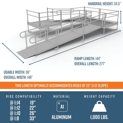 Dimensions - PATHWAY 3G 22 ft. U-Shaped Aluminum Wheelchair Ramp Kit with Expanded Metal Tread, Vertical Picket Handrails and (3) 5 ft. Platforms by EZ-Access | RampHand