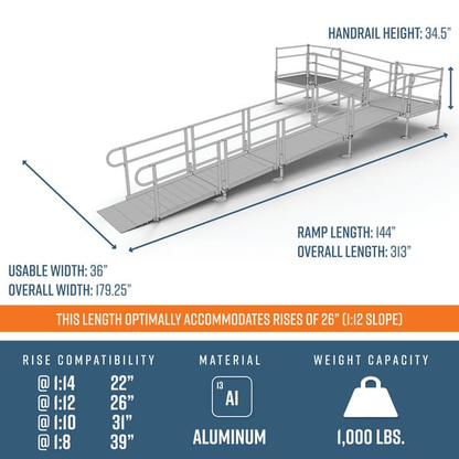 Dimensions - PATHWAY 3G 26 ft. L-Shaped Aluminum Wheelchair Ramp Kit with Solid Surface Tread, Vertical Picket Handrails, 4 ft. Turn Platform, and 4 ft. Top Platform by EZ-Access | RampHand