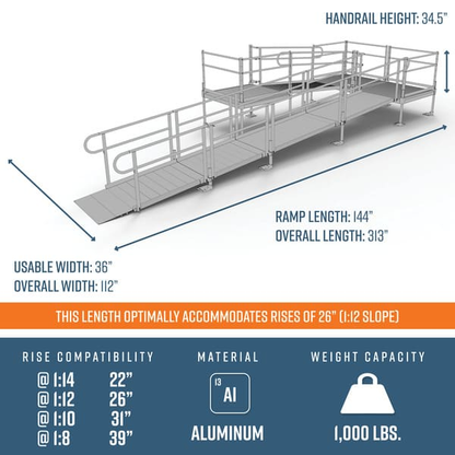 Dimensions - PATHWAY 3G 26 ft. U-Shaped Aluminum Wheelchair Ramp Kit with Expanded Metal Tread, Vertical Picket Handrails and (3) 4 ft. Platforms by EZ-Access | RampHand