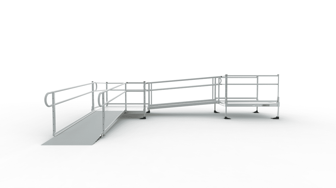 PATHWAY 3G 26 ft. L-Shaped Aluminum Wheelchair Ramp Kit with Solid Surface Tread, 2-Line Handrails, 5 ft. Turn Platform, and 5 ft. Top Platform by EZ-Access | RampHand