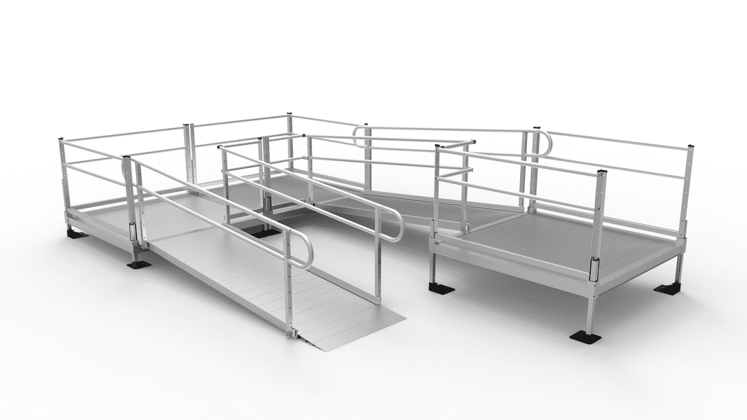 PATHWAY 3G 24 ft. U-Shaped Aluminum Wheelchair Ramp Kit with Expanded Metal Tread, 2-Line Handrails and (3) 4 ft. Platforms by EZ-Access | RampHand