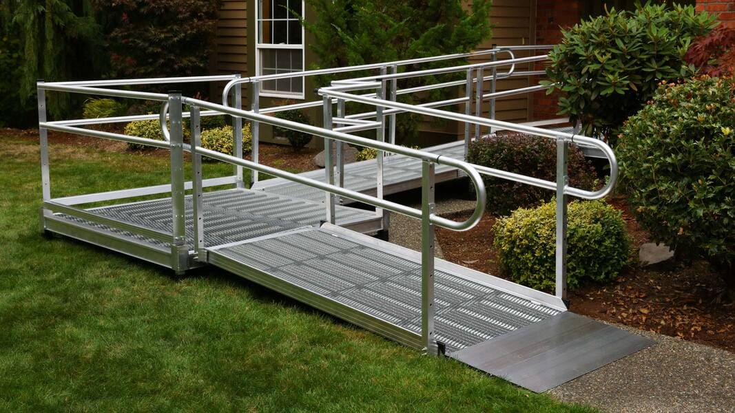 Sample Application 1 - PATHWAY 3G 30 ft. L-Shaped Aluminum Wheelchair Ramp Kit with Expanded Metal Tread, 2-Line Handrails and 5 ft. Turn Platform by EZ-Access | RampHand